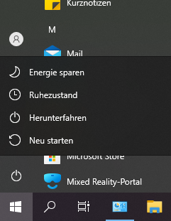 Ein/Aus Menü von Windows 10. Als erste Option wird der Energiesparmodus "Energie sparen" angezeigt, darunter die Optionen "Ruhezustand", "Herunterfahren" und "Neu starten"